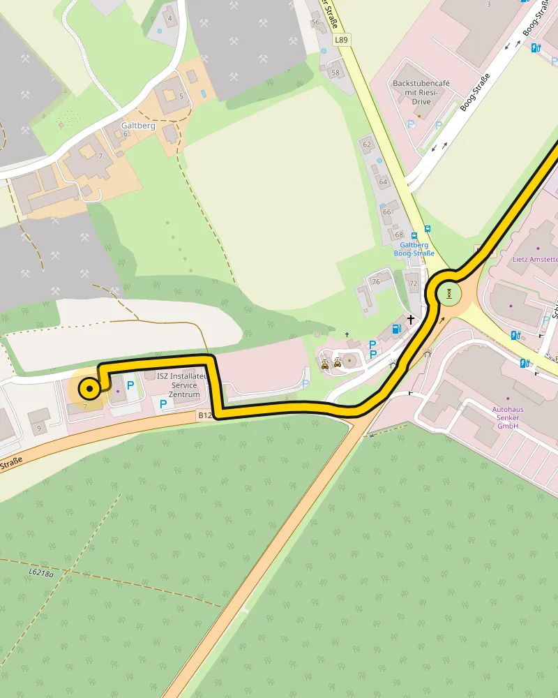 Kartenausschnitt des Endstücks: Nach dem letzten Kreisverkehr geht es an der BP-Tankstelle vorbei und dann rechts in die Galtbergstraße zum Gelände.