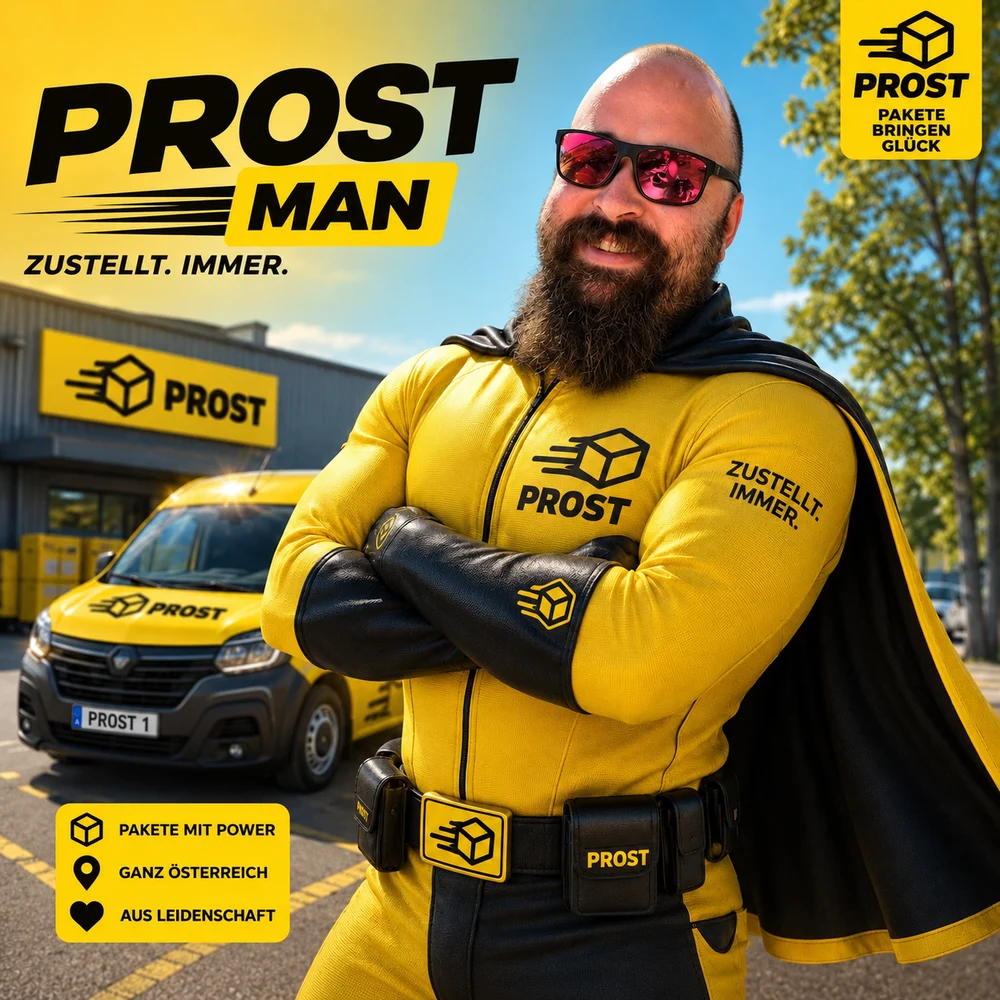 Gert Bauer als „Prost Man“ im gelben Anzug vor einem Transporter